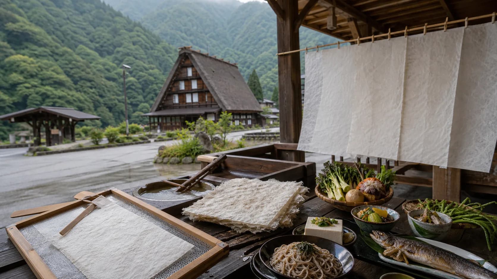 以照片风格表现五箇山和纸与山间美食的示意图