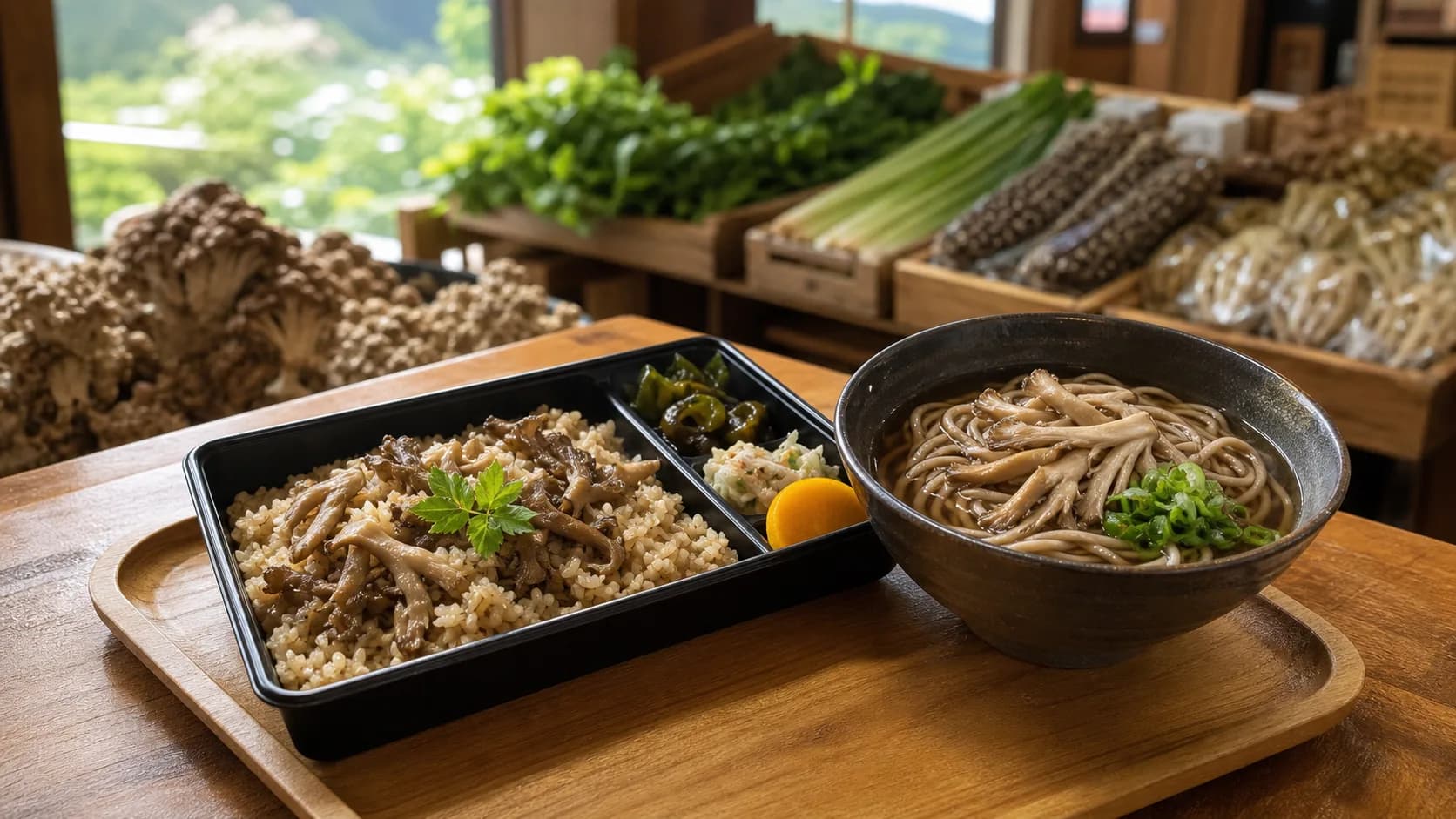 挑選舞茸便當與山間物產的用餐休息示意圖