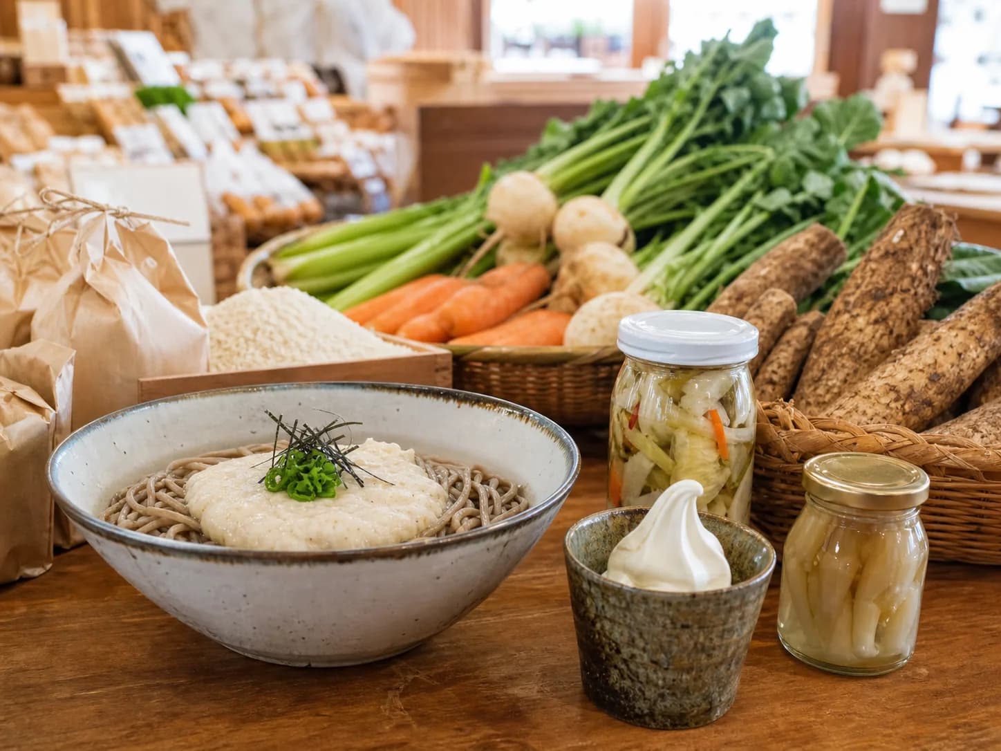 以自然薯蕎麥麵與當地蔬菜為主題的示意照片