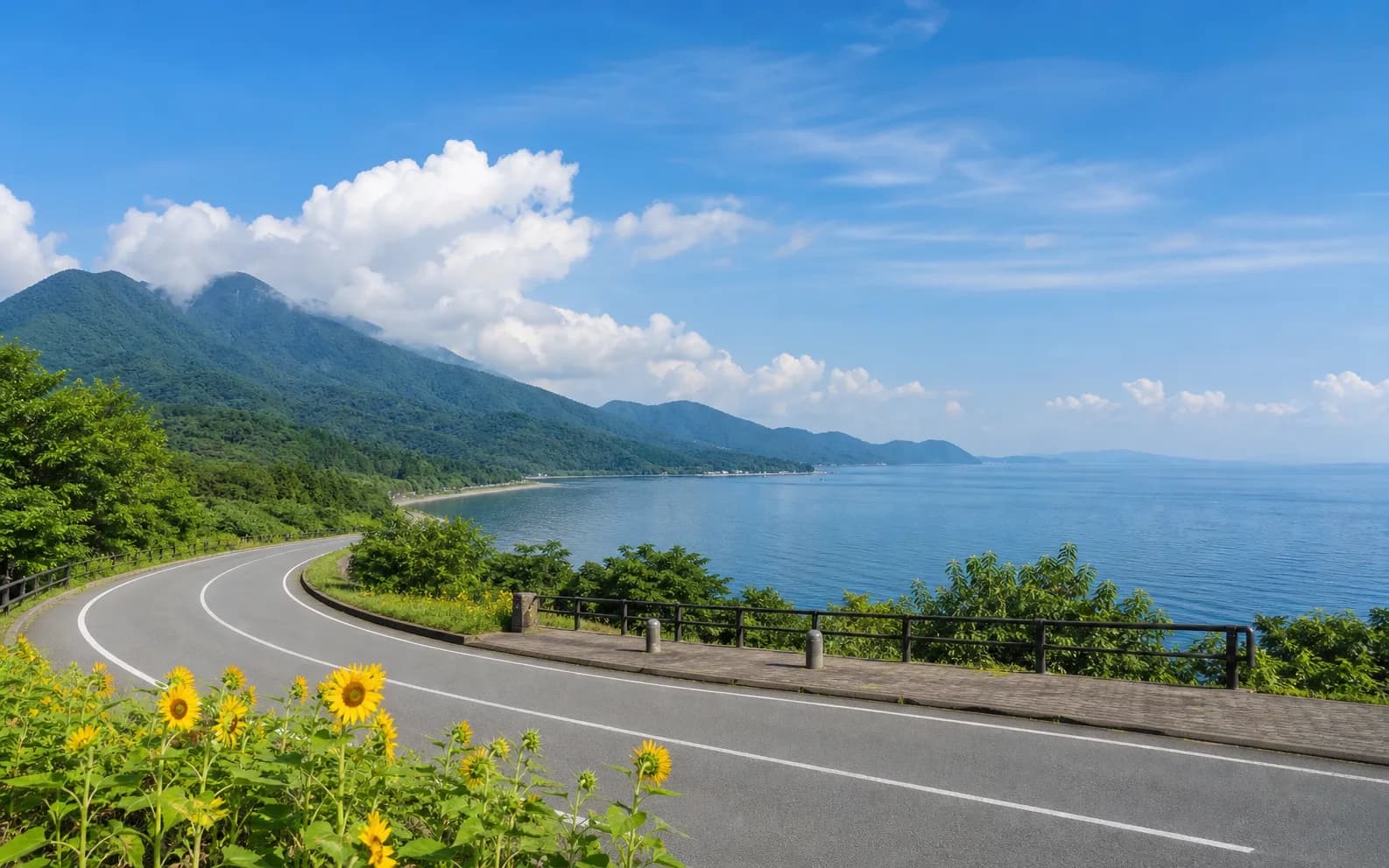 Illustrative driving scene evoking the lakeside road in northern Lake Biwa