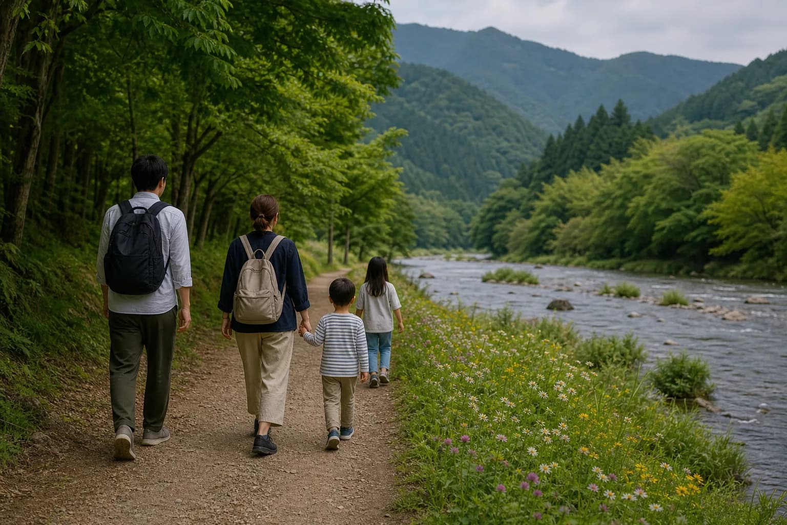 表现由良川沿岸自然漫步的照片风格示意图