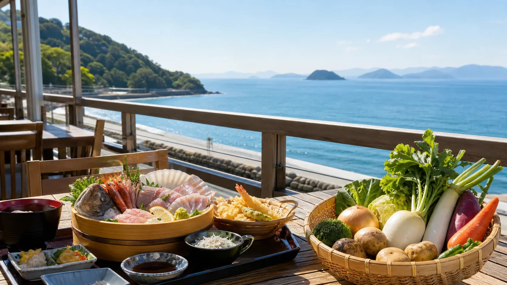 海景海鮮料理與當地蔬菜的擬真照片風格示意圖