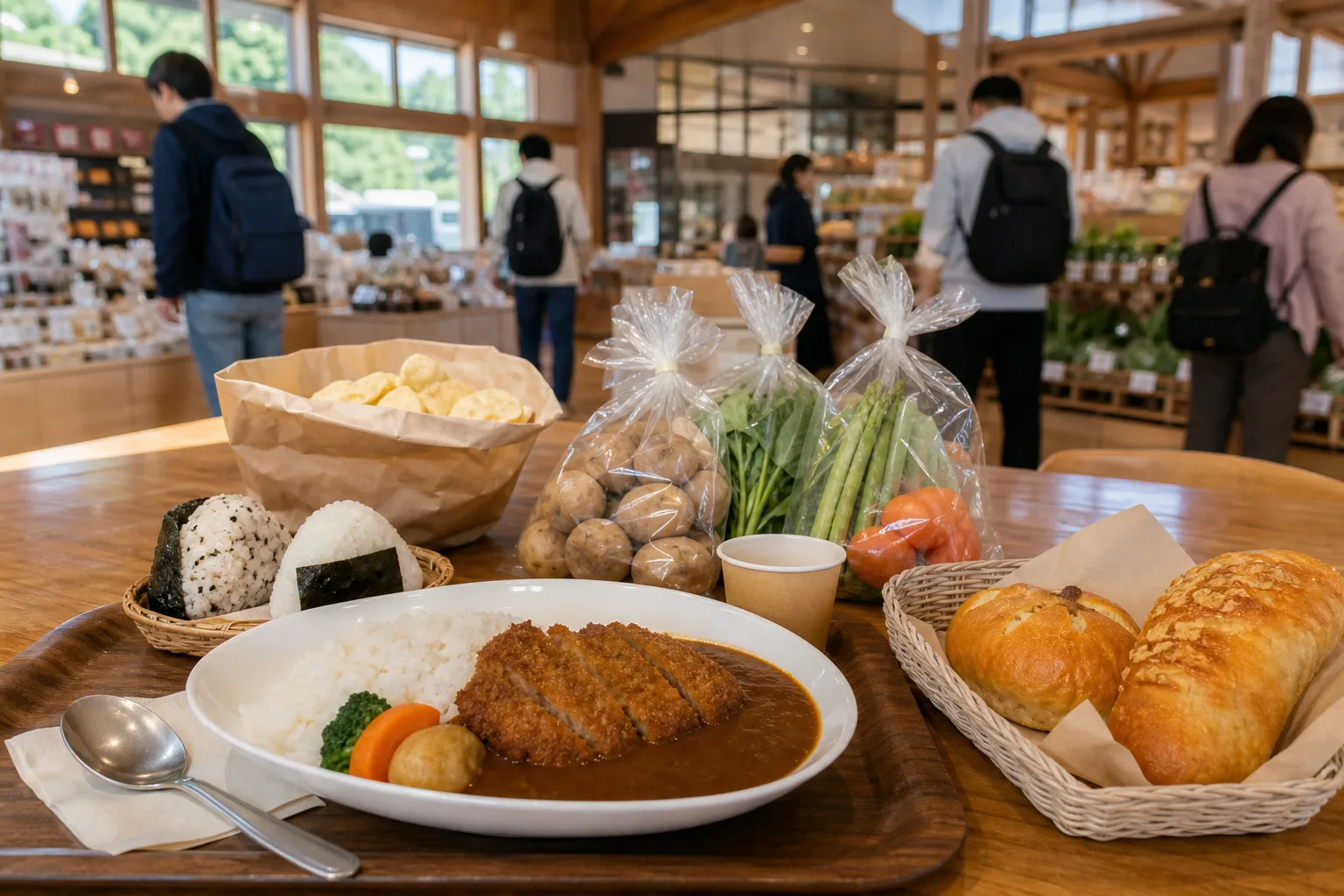 エゾシカカレー、パン、野菜を選ぶフードコートと売店のイメージ写真