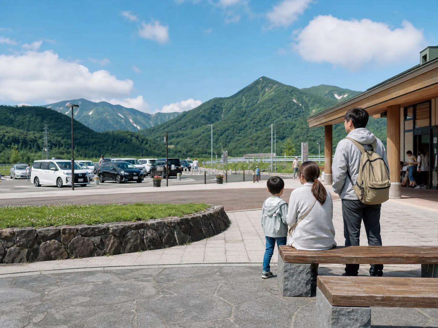山あいの道の駅で家族がドライブ休憩するイメージ写真