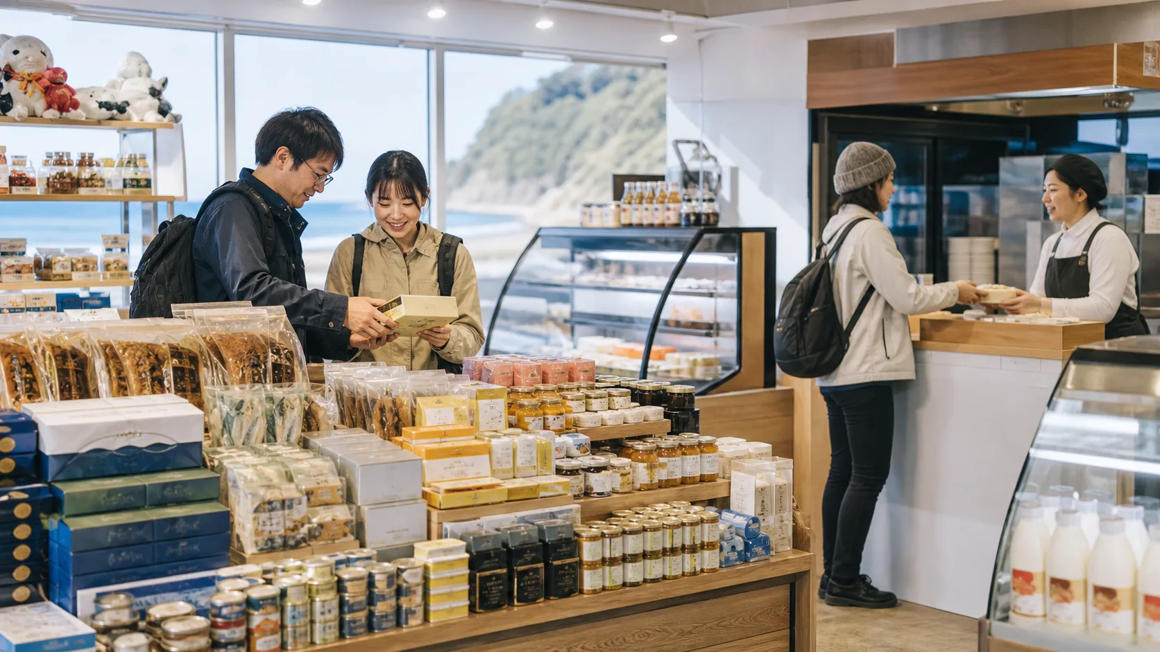 海産物や乳製品を選べる売店と軽食カウンターの写真調イメージ