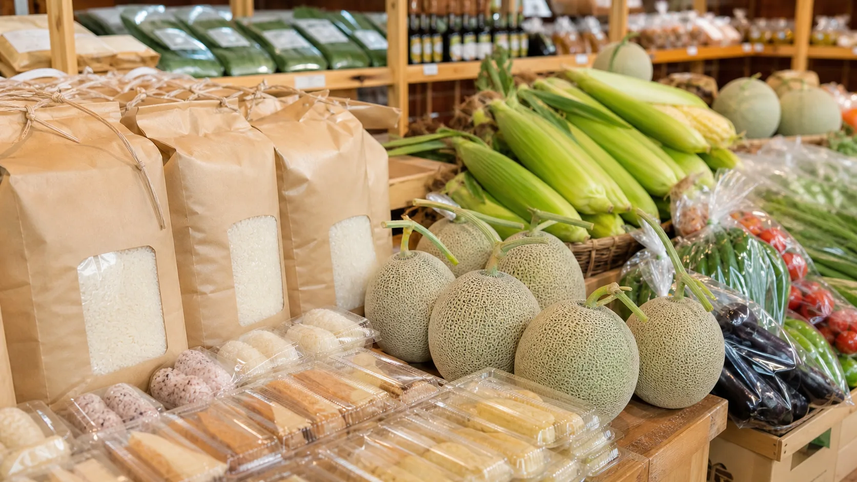 米、メロン、とうもろこし、野菜が並ぶ直売所のイメージ写真
