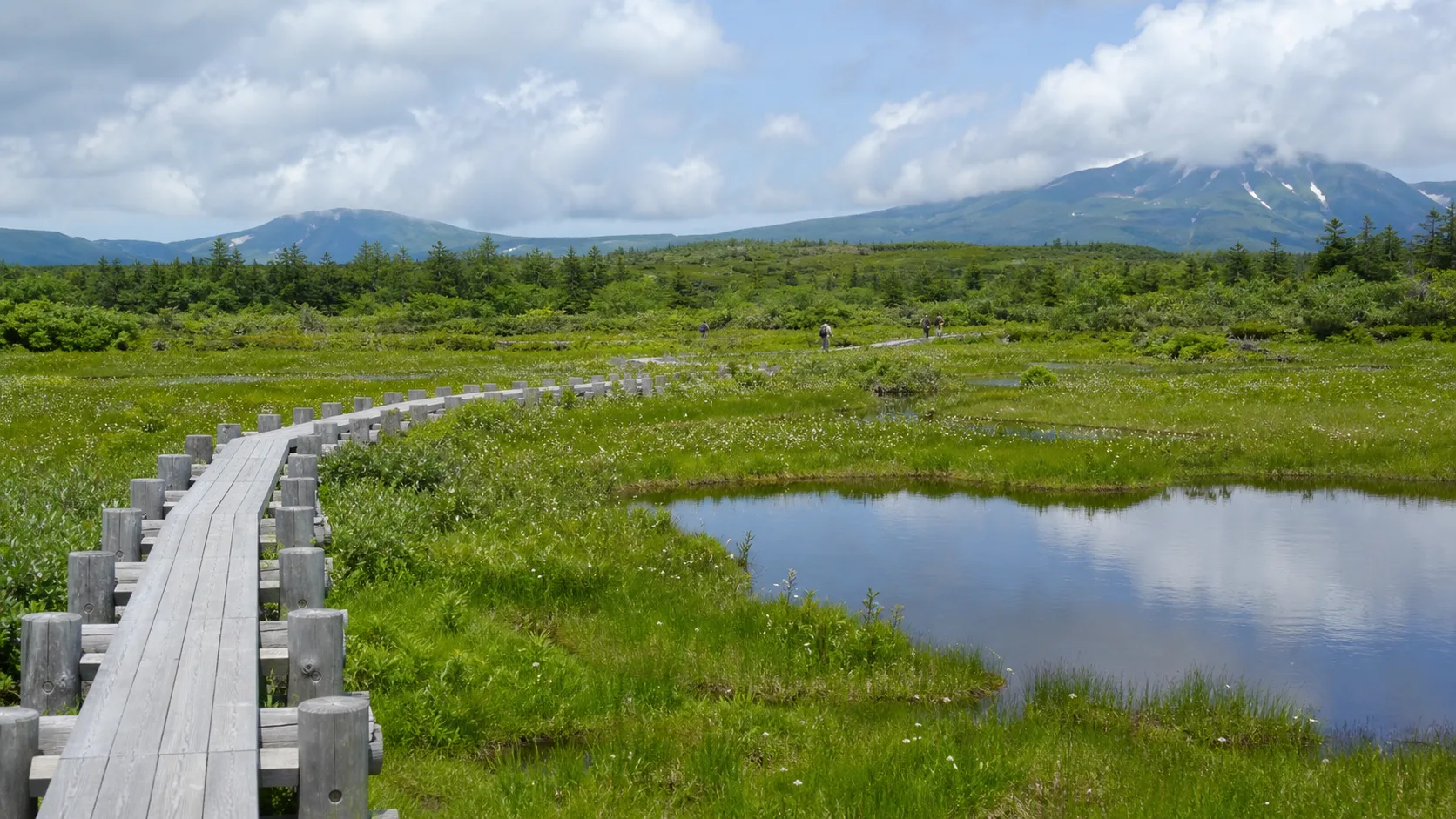 雨竜沼湿原の木道と山並みを思わせるイメージ写真