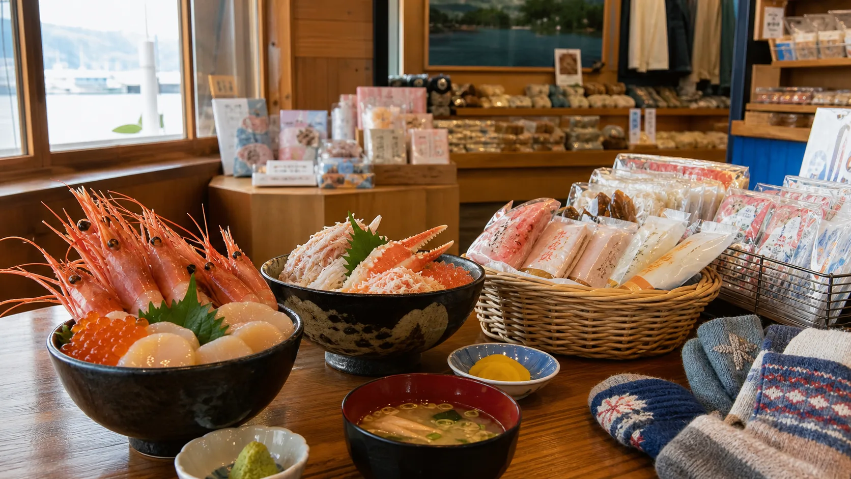 甘えびや海産物、羽幌みやげを選ぶ食事と買い物のイメージ