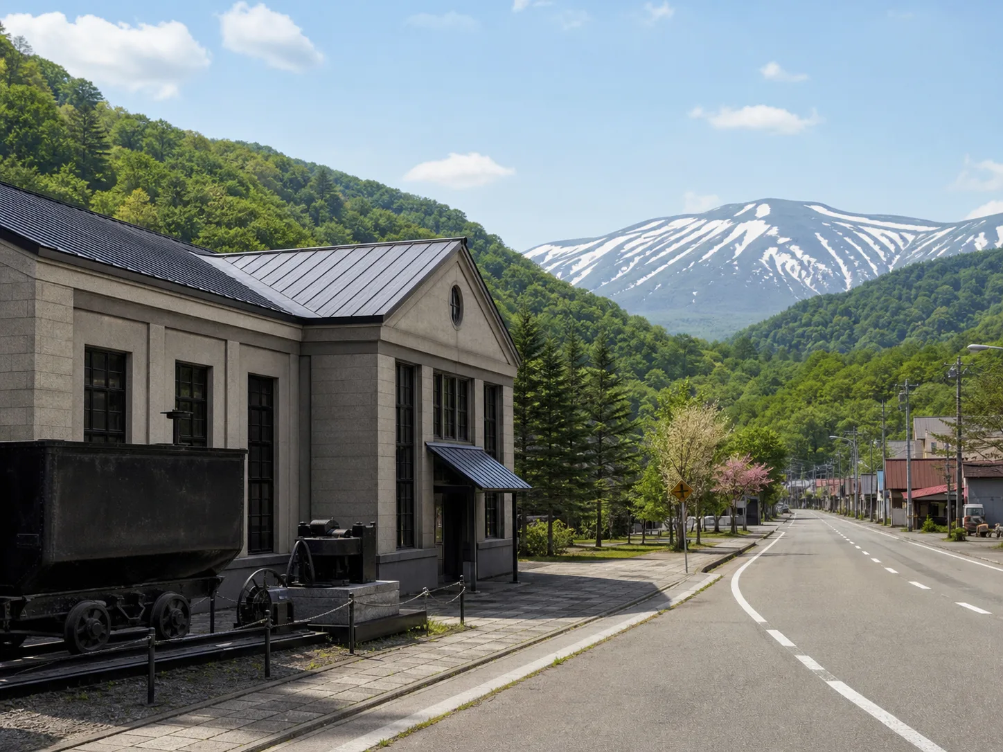 炭鉱文化と山あいのドライブを思わせる写真調イメージ