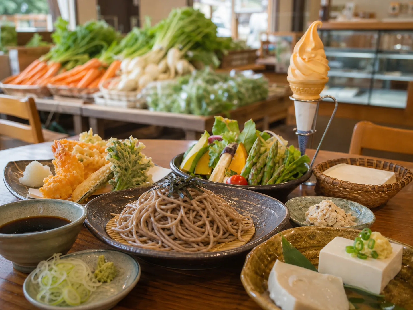 ぼたんそば、豆腐、地元野菜を並べた食事イメージ