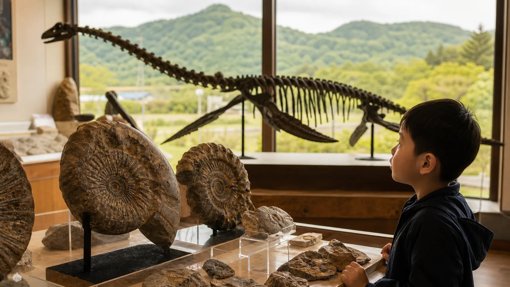 アンモナイトとクビナガリュウの展示を見る子どもの写真調イメージ