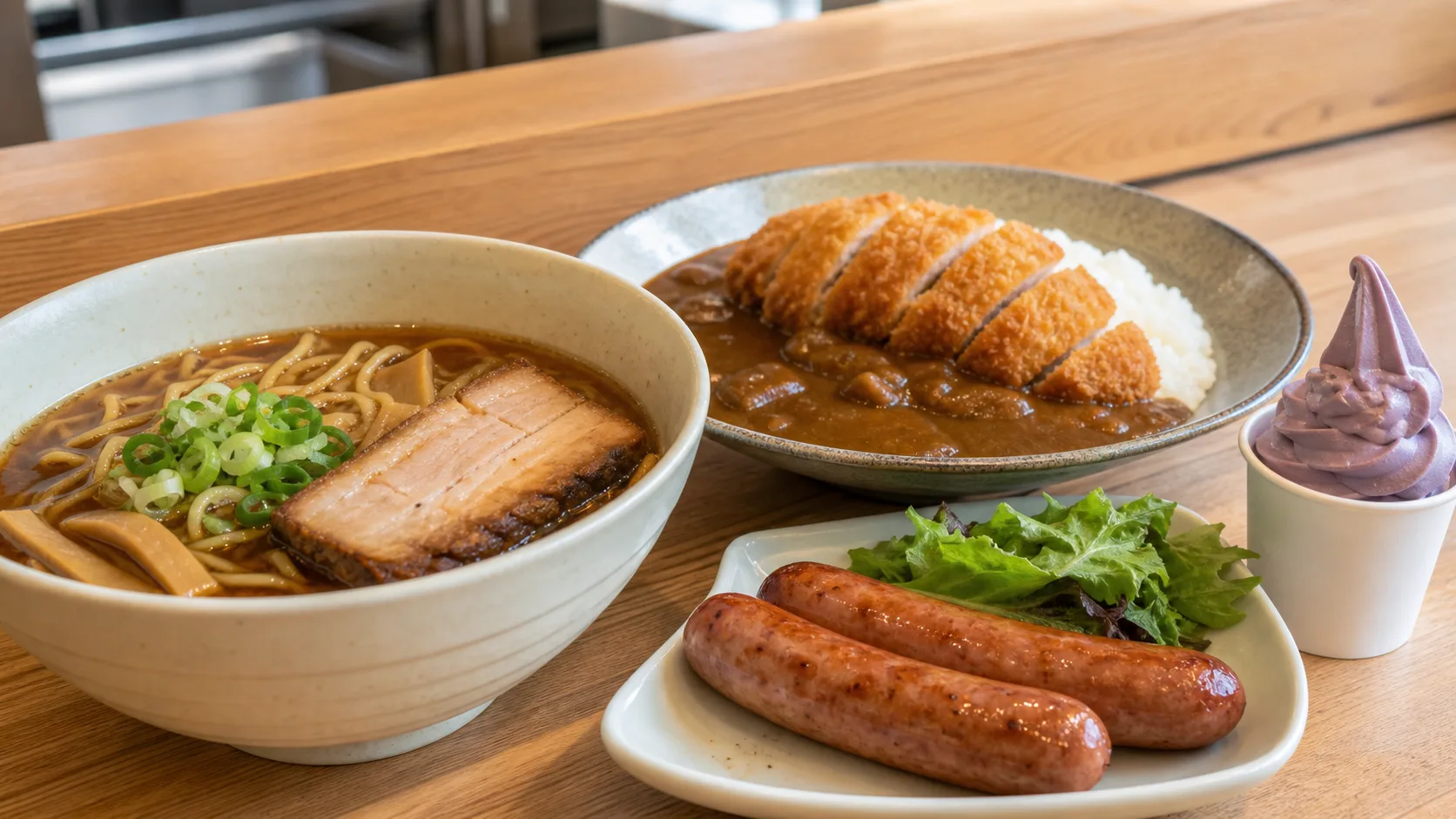 ラーメン、カツカレー、フランク、ハスカップソフトを並べた写真調イメージ