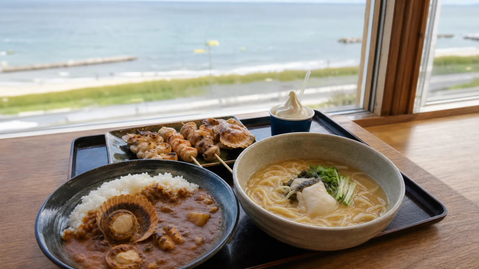 ふぐだしラーメン、海産物、ハスカップ甘味を楽しむ食事のイメージ写真