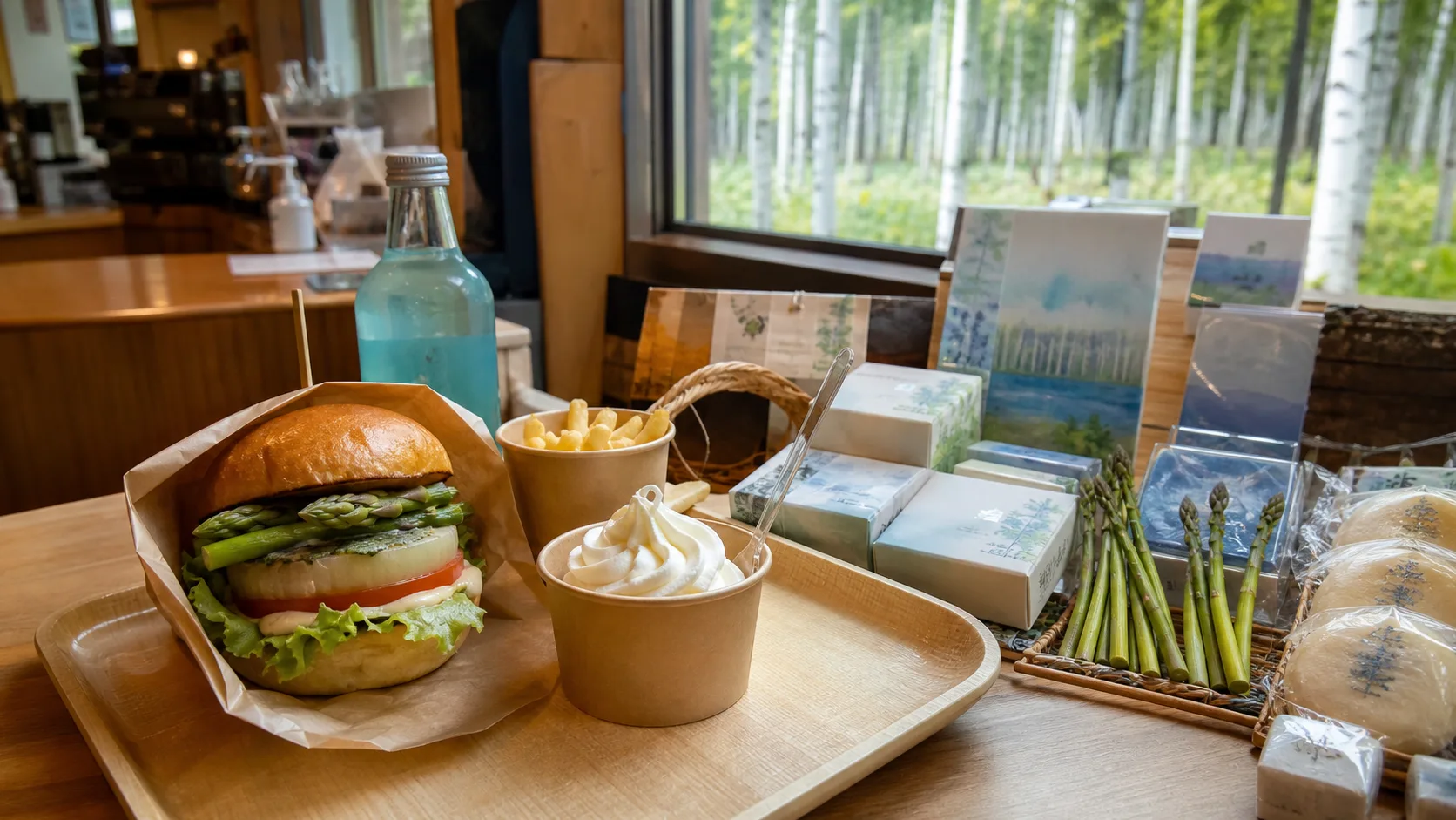 美瑛産食材のバーガー、青い池を思わせる土産、季節野菜が並ぶ写真調イメージ