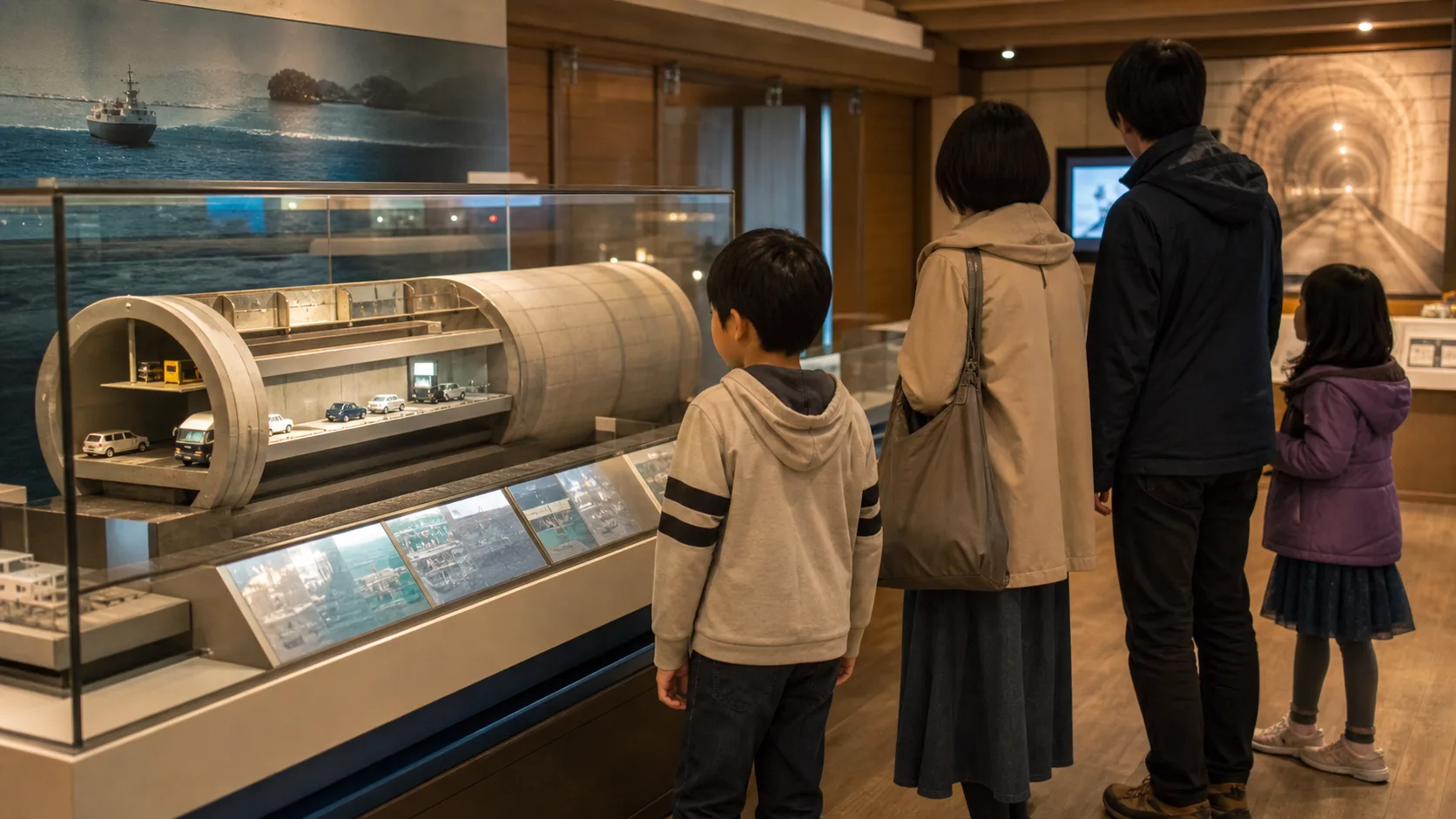 家族で青函トンネルの展示を見る雨の日のイメージ写真