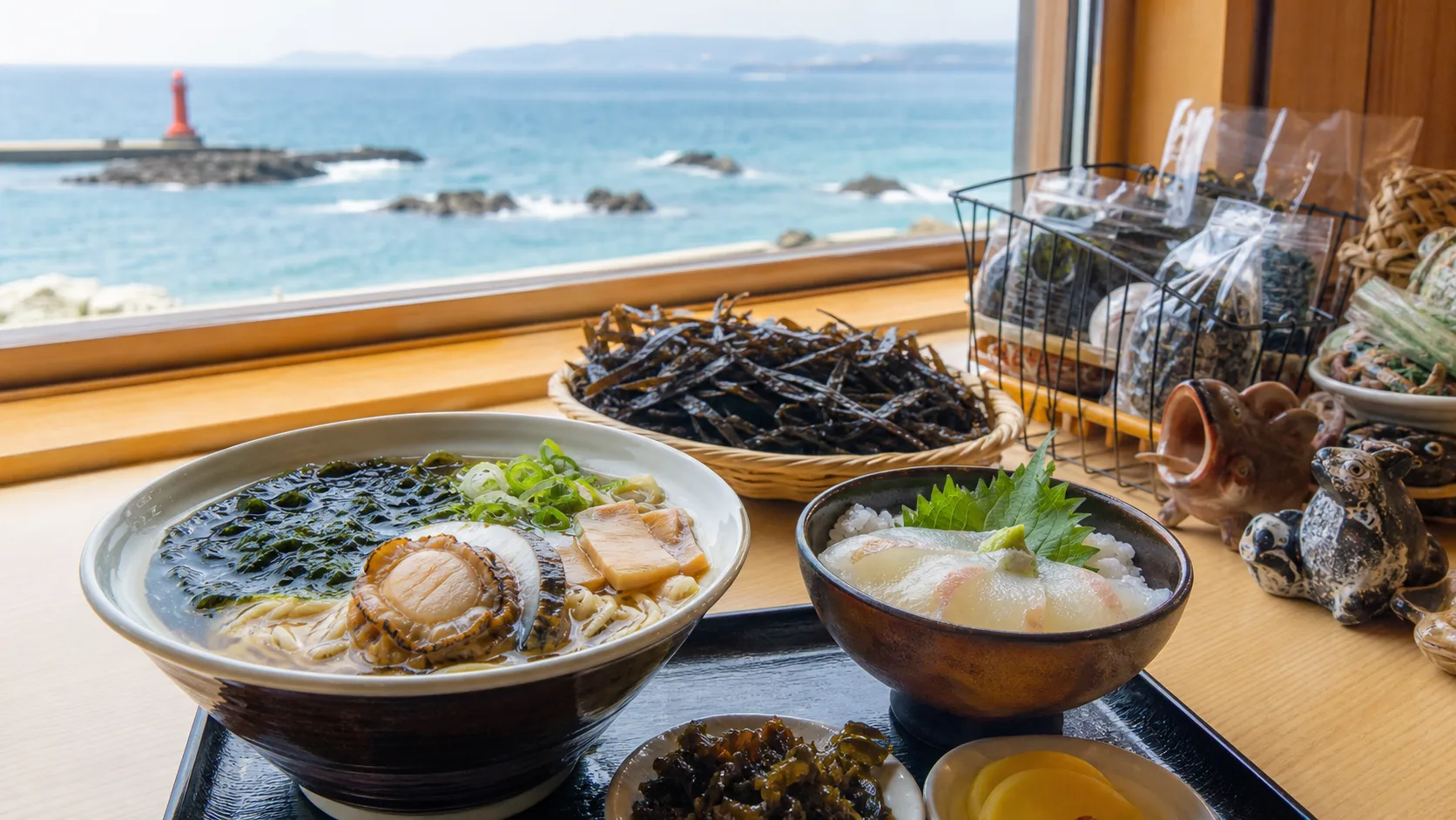 海峡沿いの食堂で海鮮や麺を楽しむイメージ写真