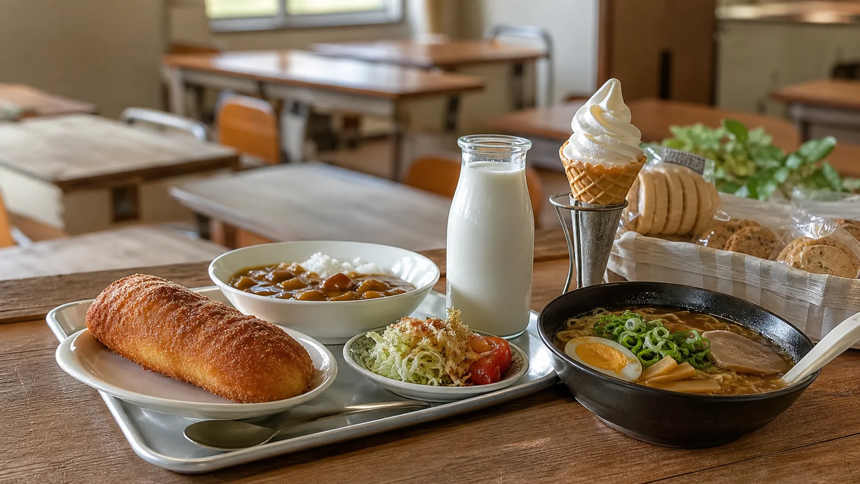 給食風の食事、あげぱん、牛乳、ラーメン、ソフトクリームのイメージ写真