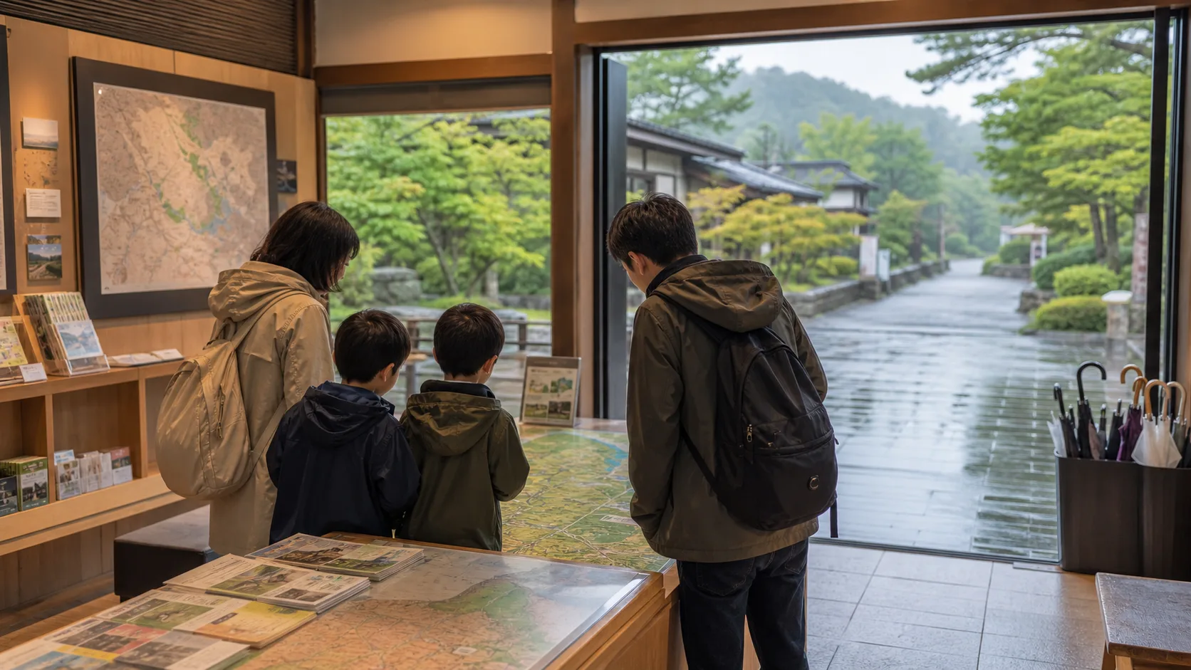 雨の日に家族で観光導線を考える写真調イメージ