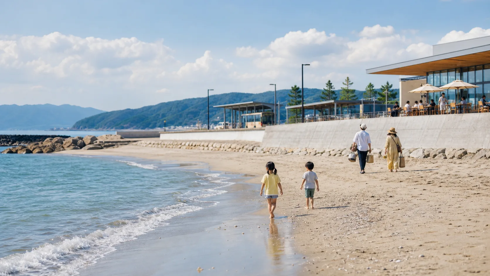 道の駅近くの砂浜を家族で歩く海辺休憩のイメージ写真