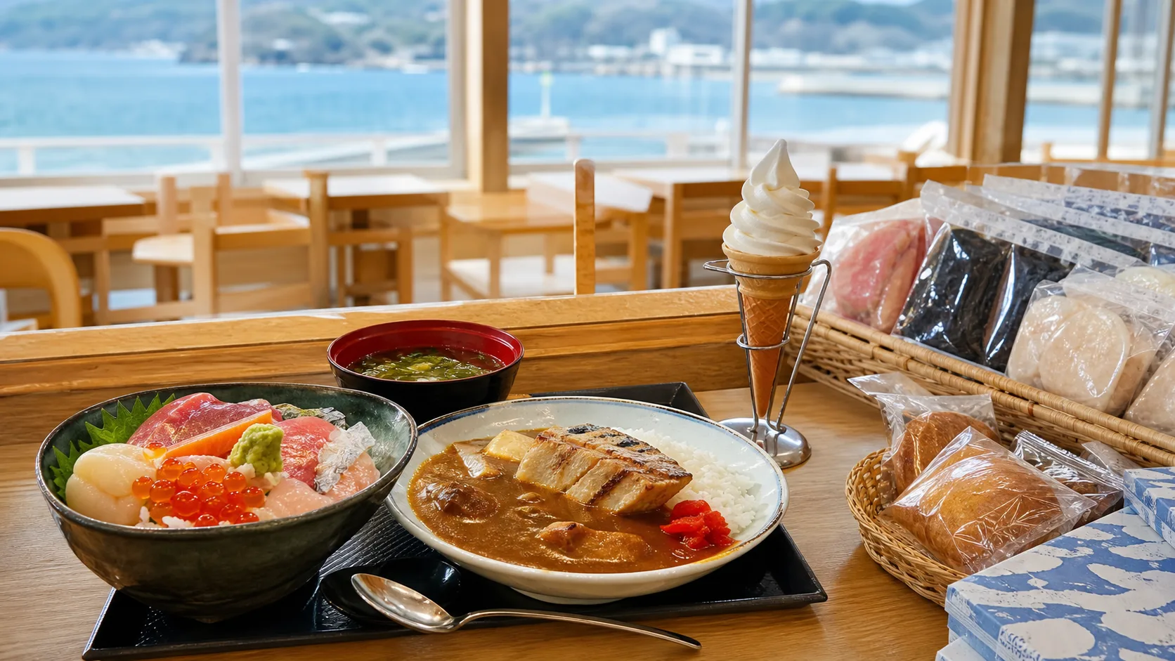 海鮮、カレー、ソフトクリーム、土産物を海の見える席で楽しむイメージ写真