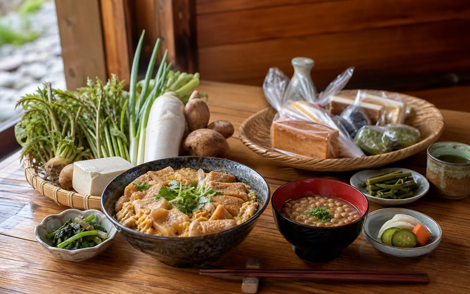 登米のあぶら麩、はっと、山菜、根菜を表す写真調イメージ