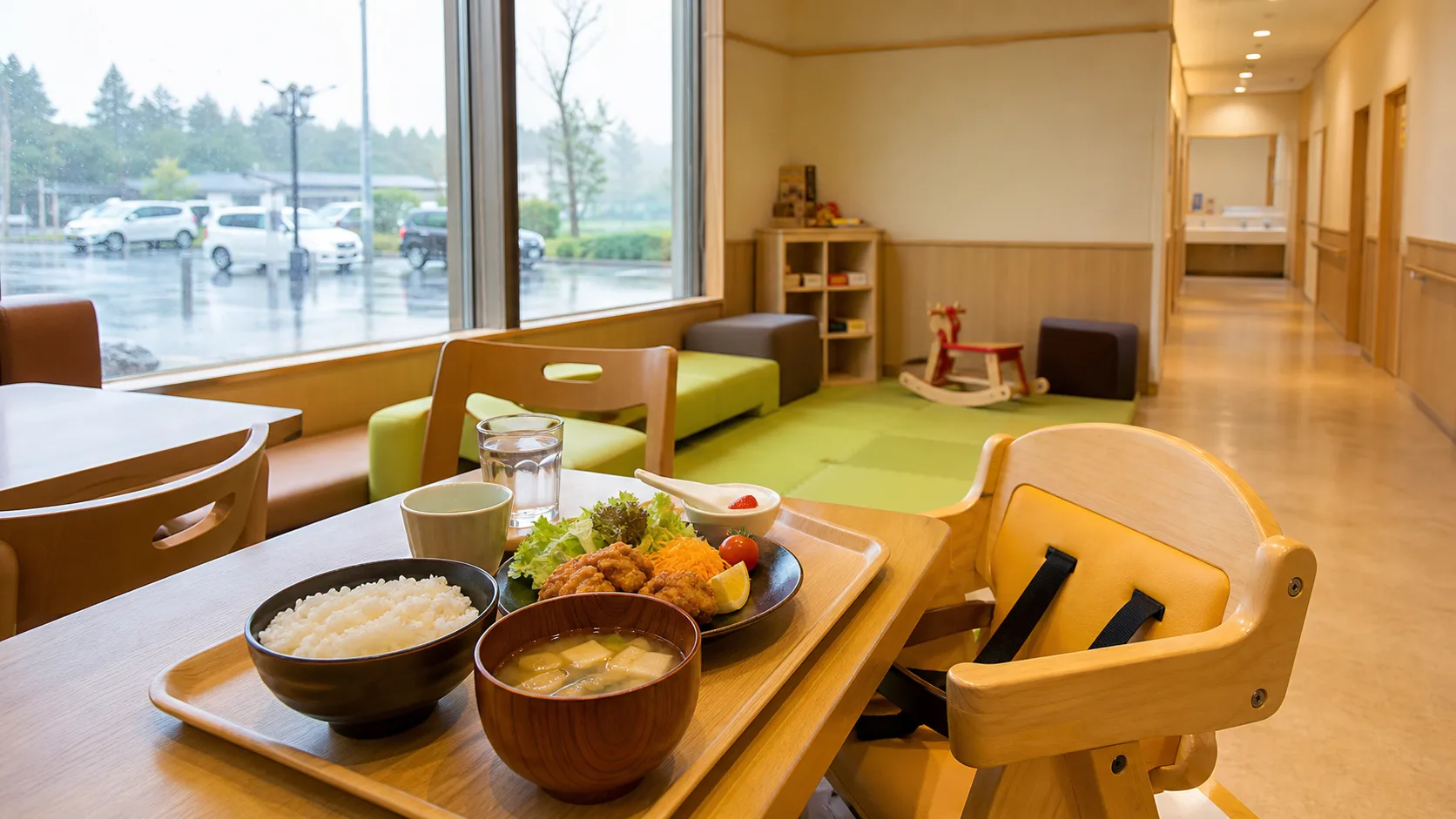 雨の日でも食事と子どもの休憩をまとめやすいカフェのイメージ写真