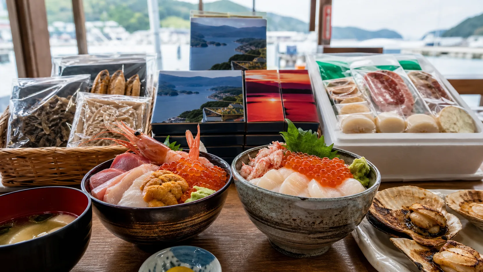 海鮮丼、浜焼き、水産加工品を楽しむイメージ写真