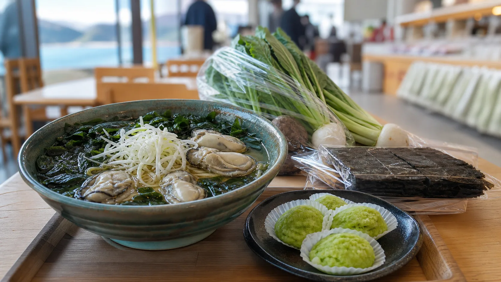 海苔ラーメン、牡蠣、ずんだ、直売野菜を並べた食のイメージ写真