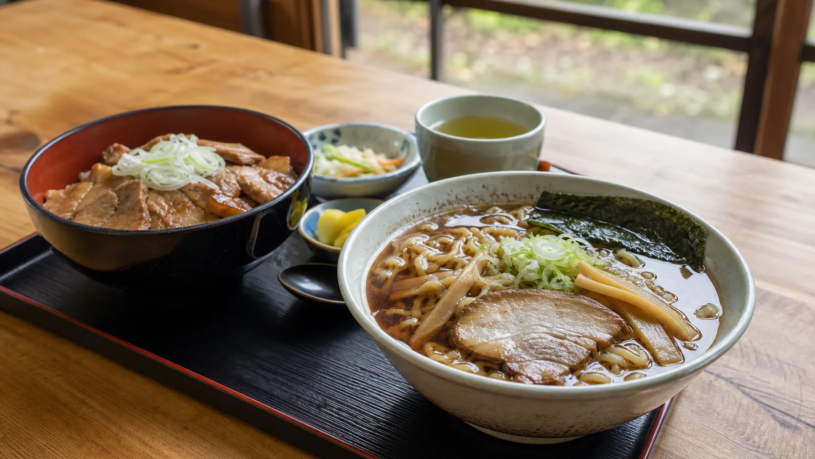 ラーメンと豚肉料理で昼休憩を楽しむイメージ写真