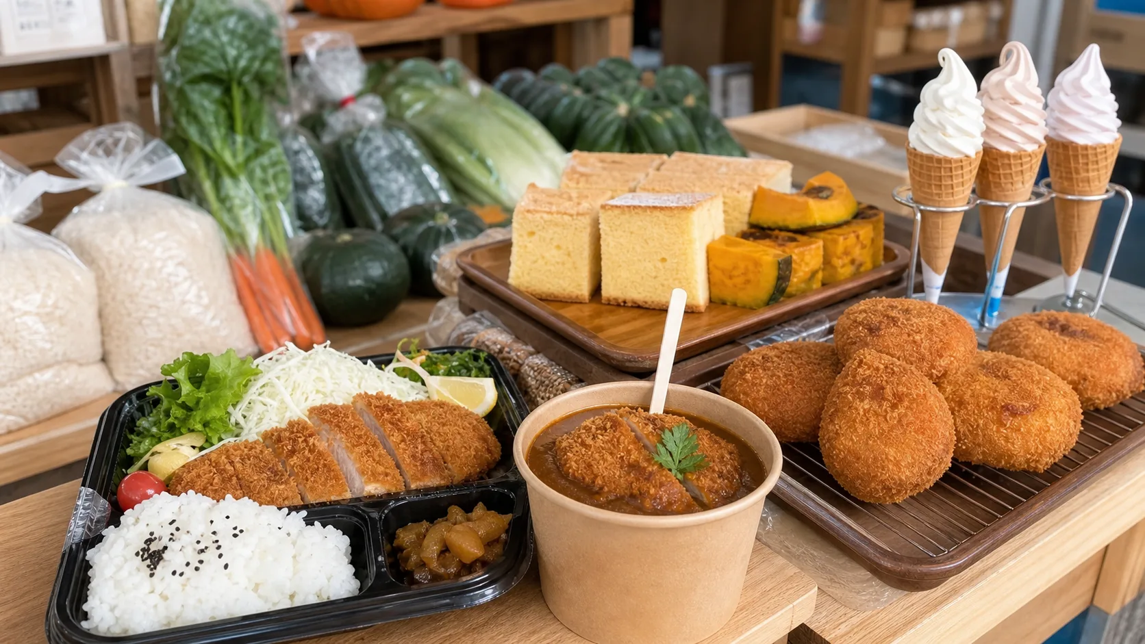 八幡平ポークの弁当と甘味をイメージした売り場