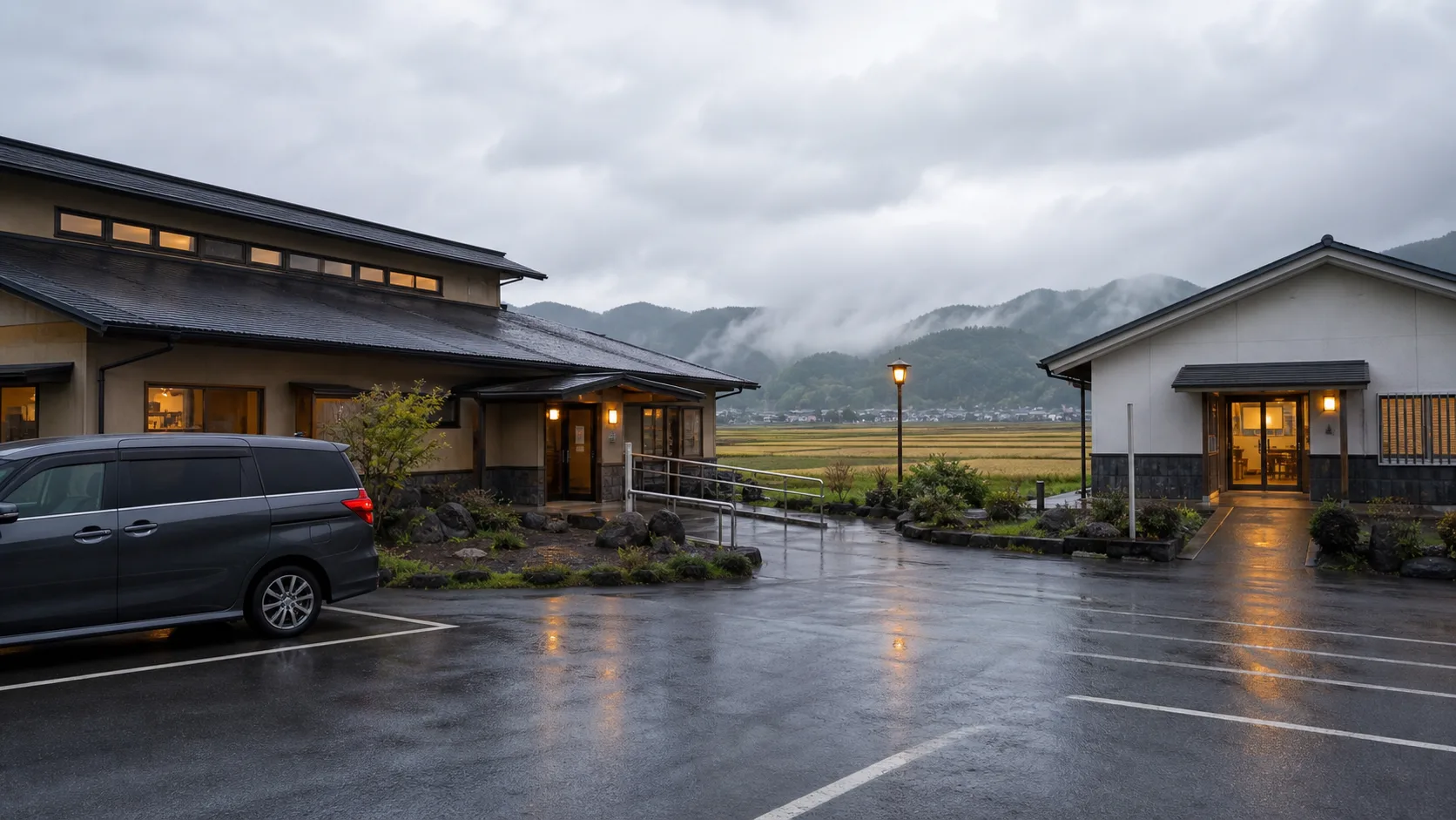 雨の日に温泉や博物館へ寄る導線をイメージした外観