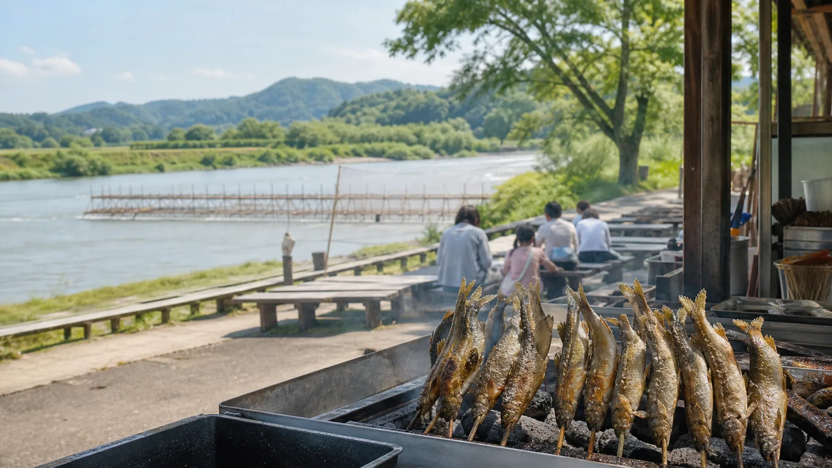 炭火で焼く鮎と川辺の休憩をイメージした写真調素材