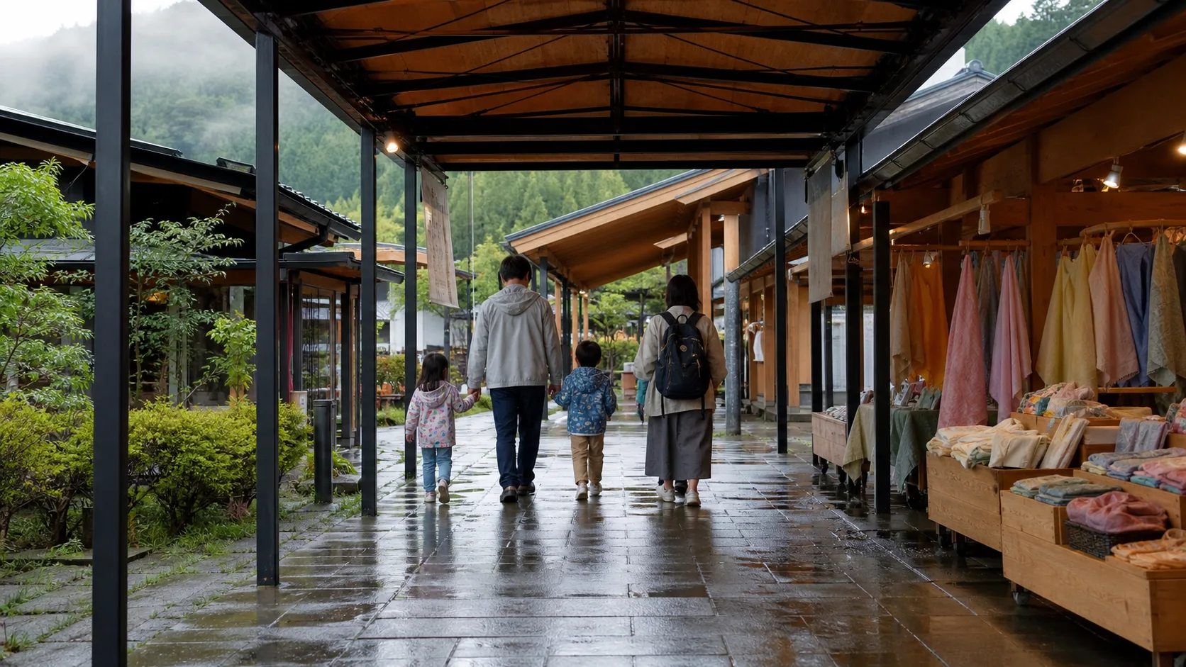 雨の日でも屋根付き通路を歩いて駅内を回る家族のイメージ写真