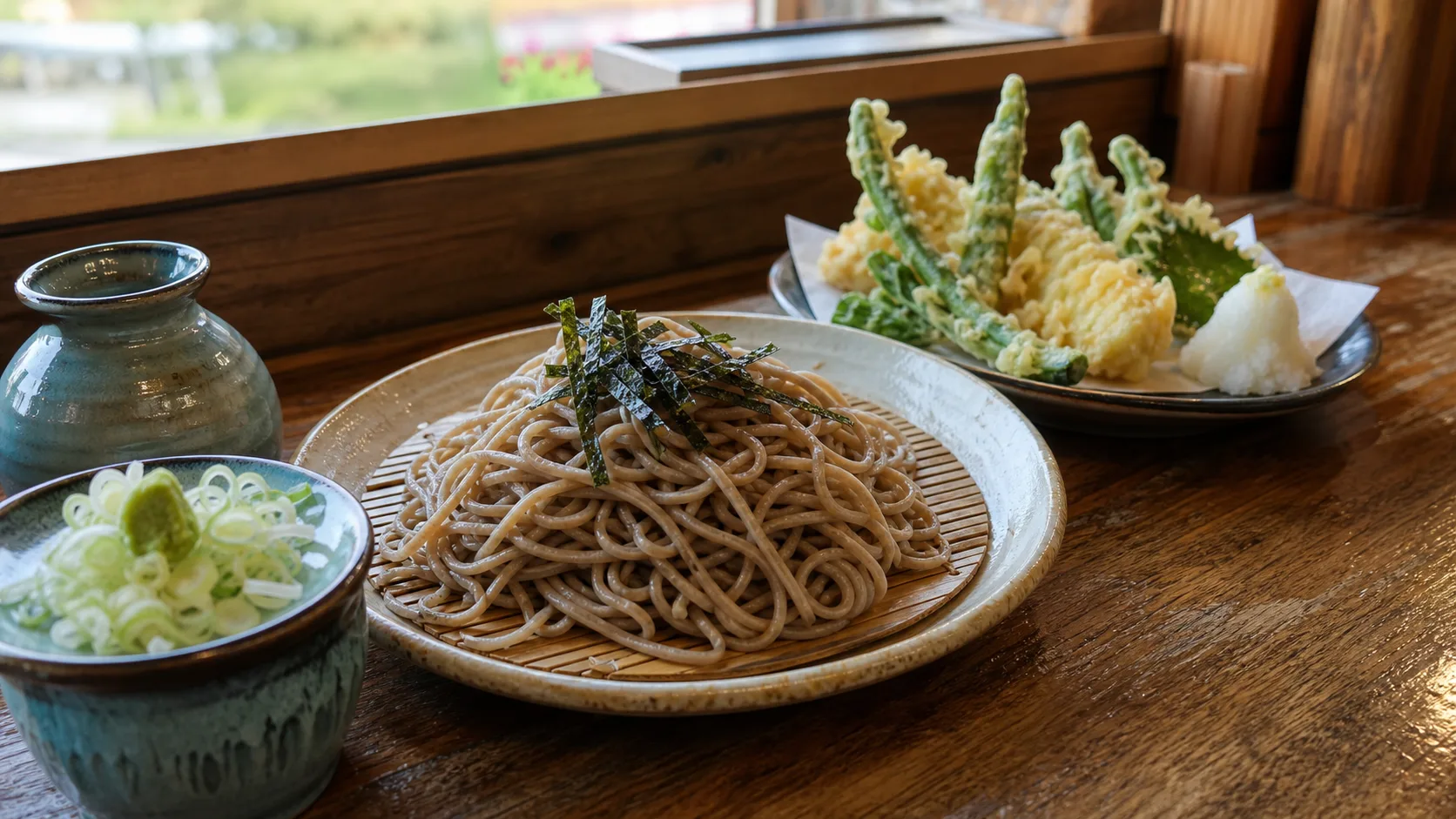 手打ちそばと山菜天ぷらの写真調イメージ