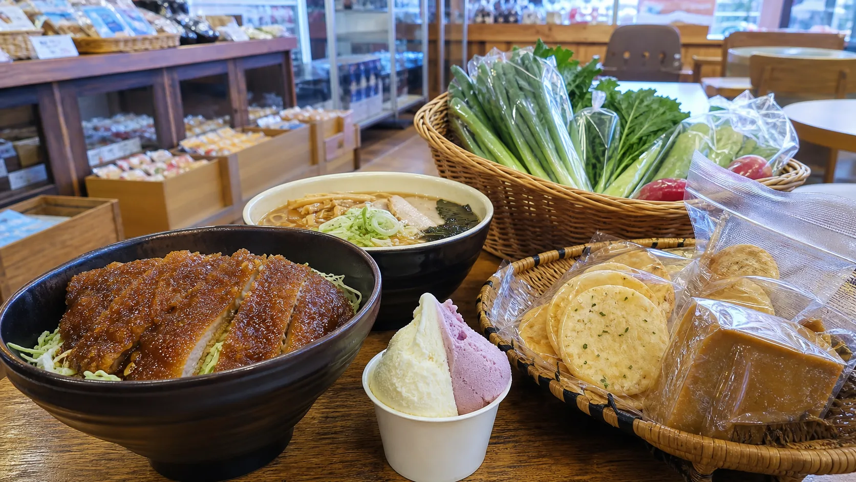 会津の食堂メニューと直売品を楽しむ写真調イメージ
