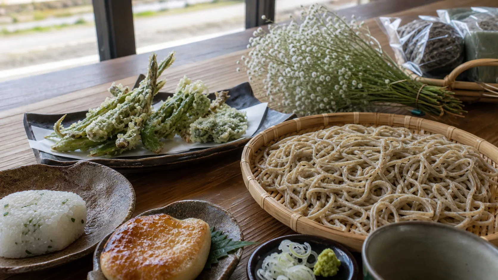 苧麻庵のそば休憩を思わせる食事イメージ