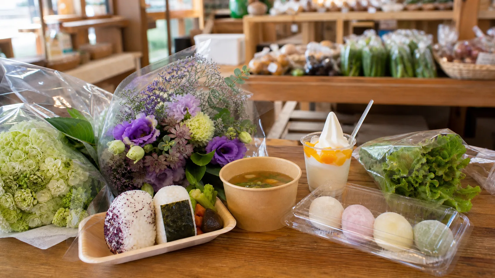飯舘村の食事、甘味、花、買い物を表す写真調イメージ