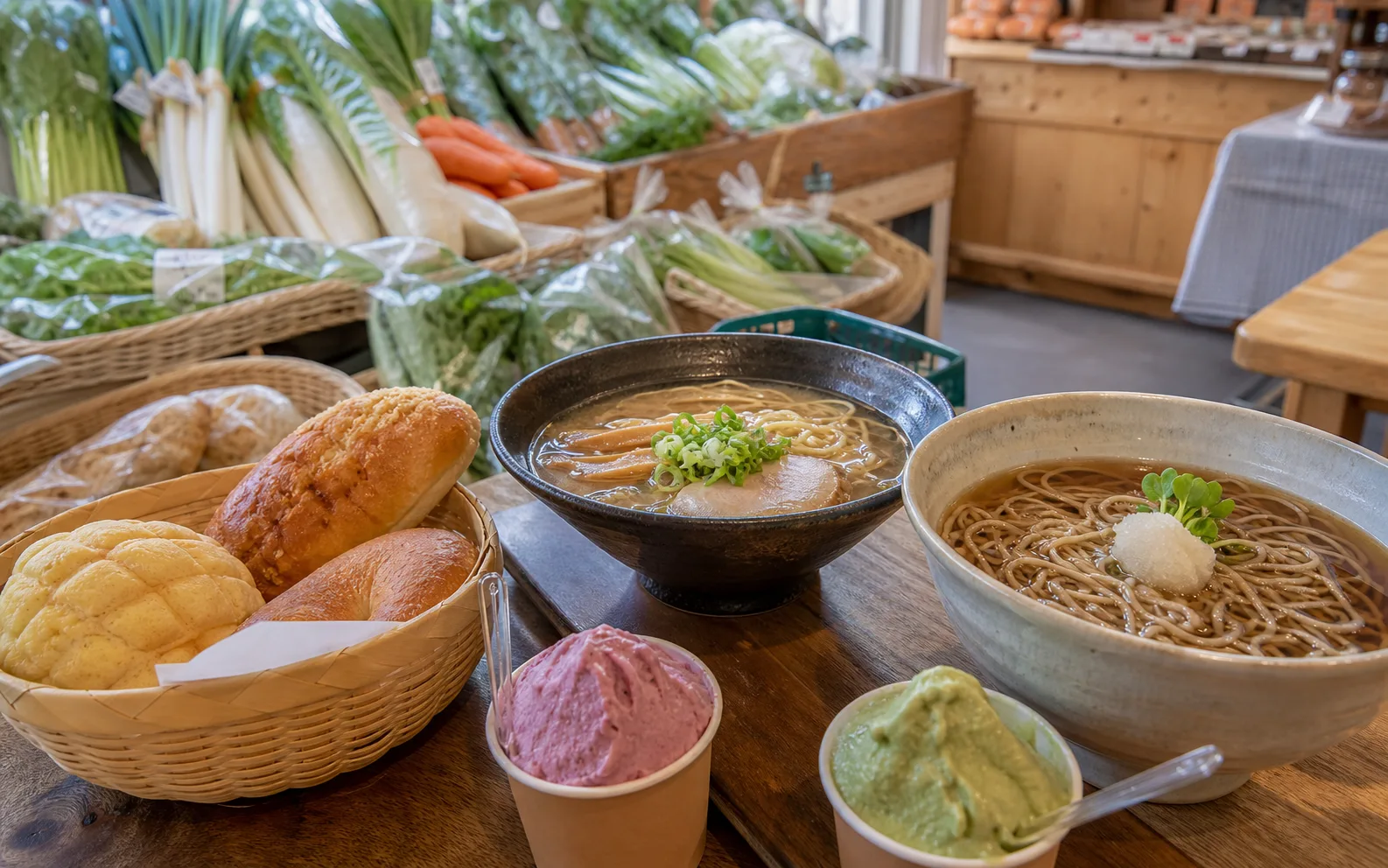 ラーメン、そば、パン、ジェラート、地元野菜が並ぶ食のイメージ写真