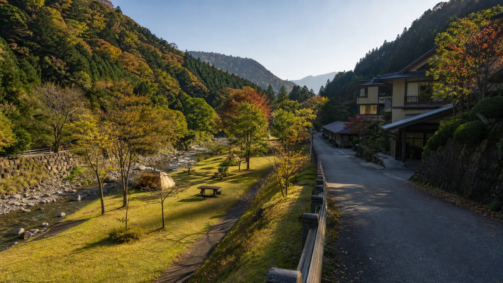 倉渕の温泉と川沿いの寄り道を表す写真調イメージ