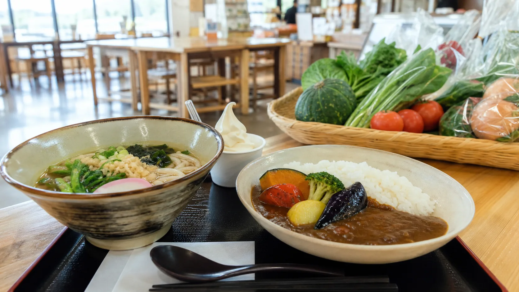 食堂あぐり亭の昼食と地元野菜を表す写真調イメージ