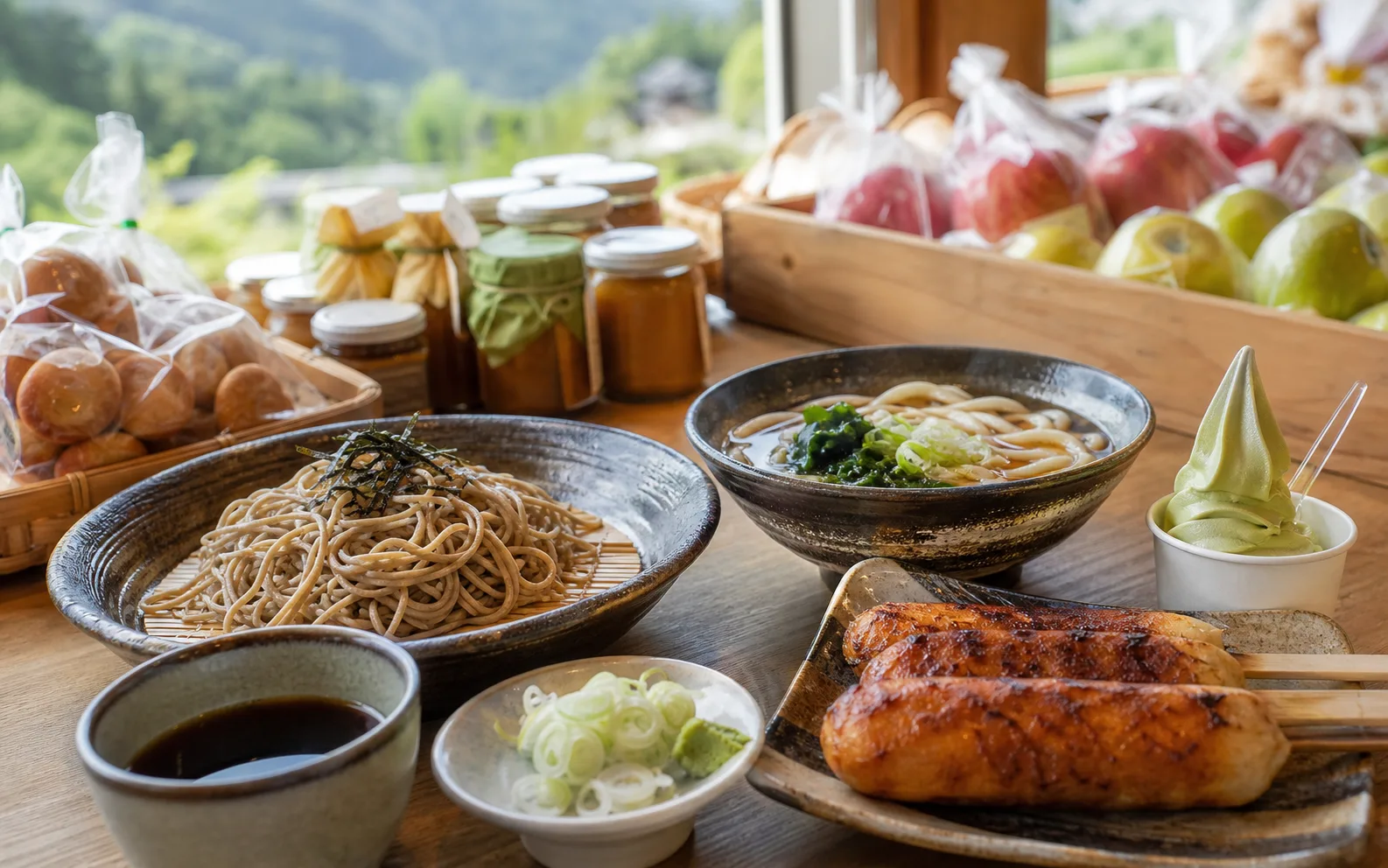 そば、うどん、果物、紅茶ソフトを並べた食事と買い物の写真調イメージ