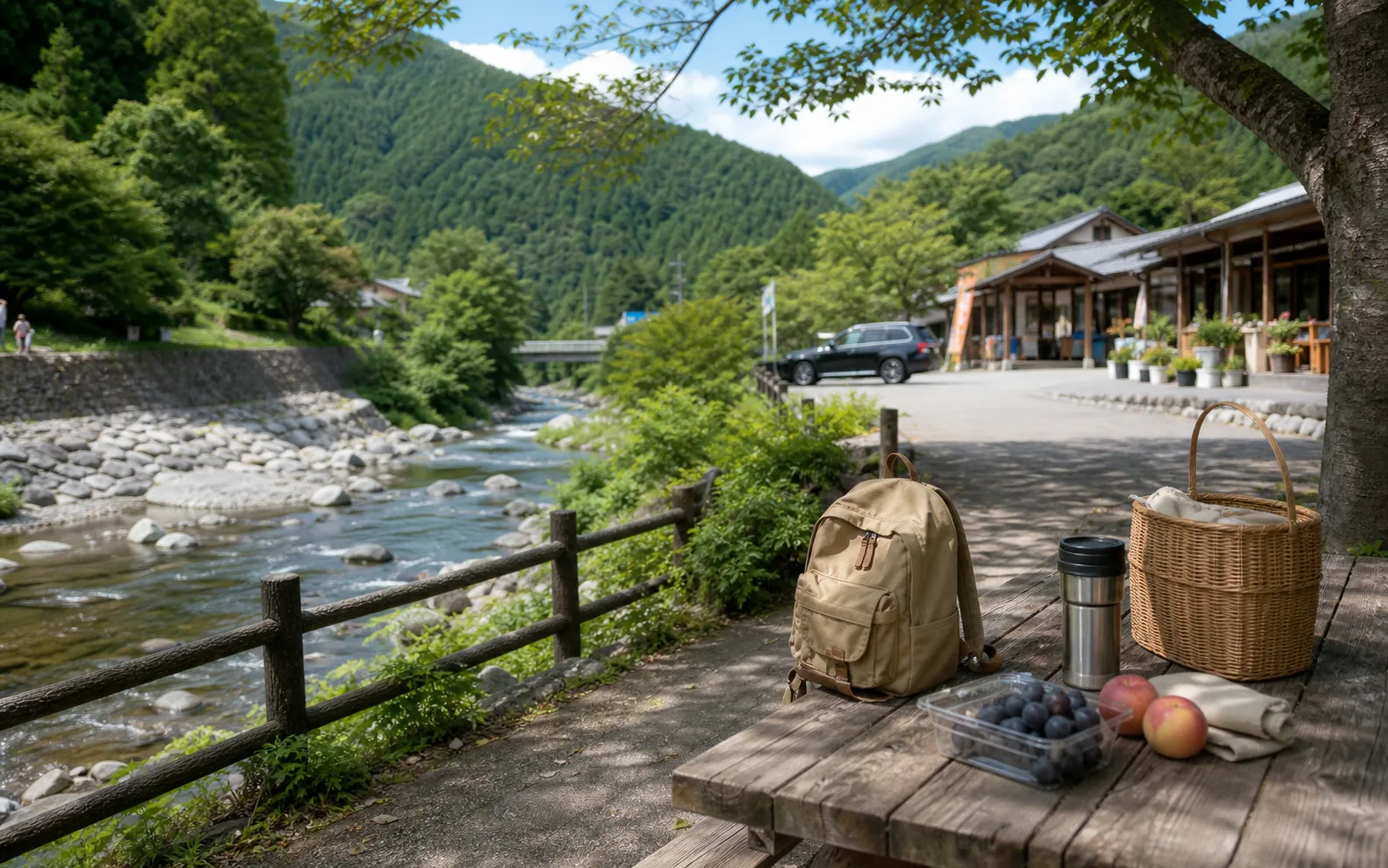 清流沿いで家族が短く休憩する写真調イメージ