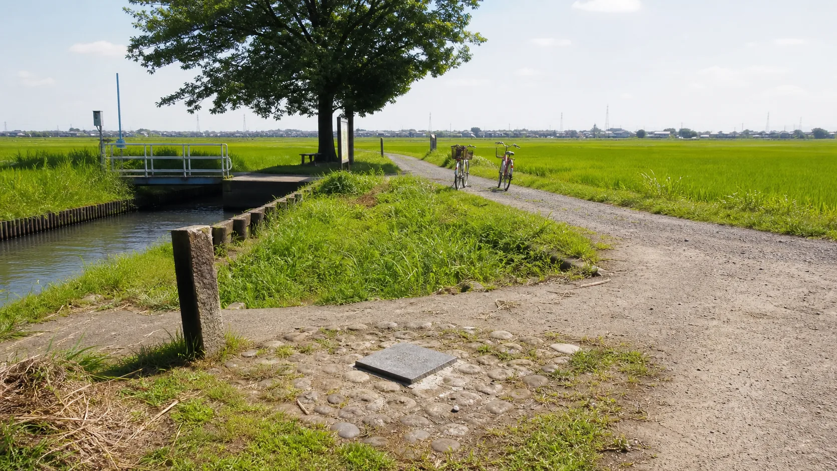 三県境へ歩く水田沿いの写真調イメージ