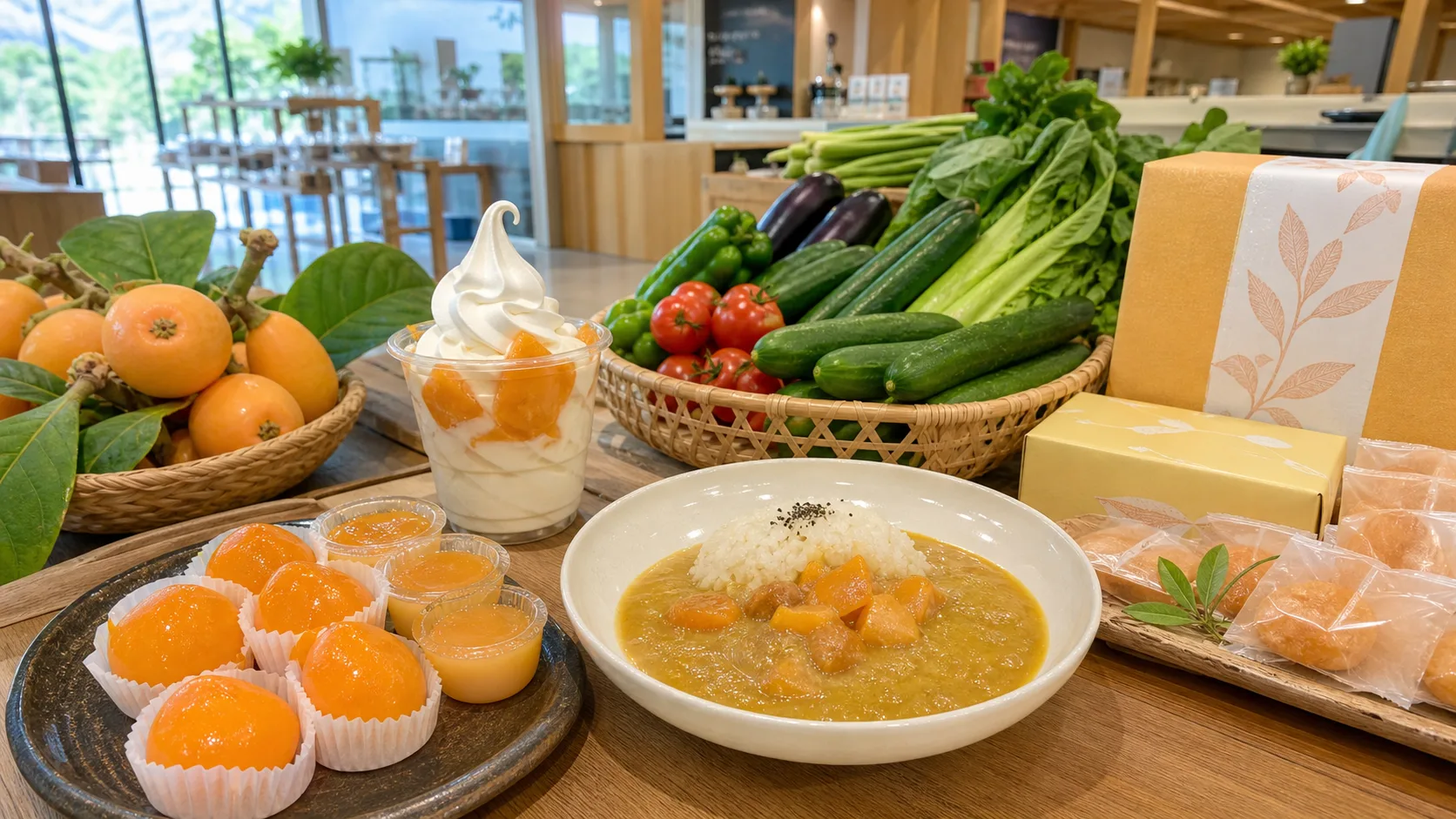 びわスイーツ、びわカレー、地元野菜を表す写真調イメージ