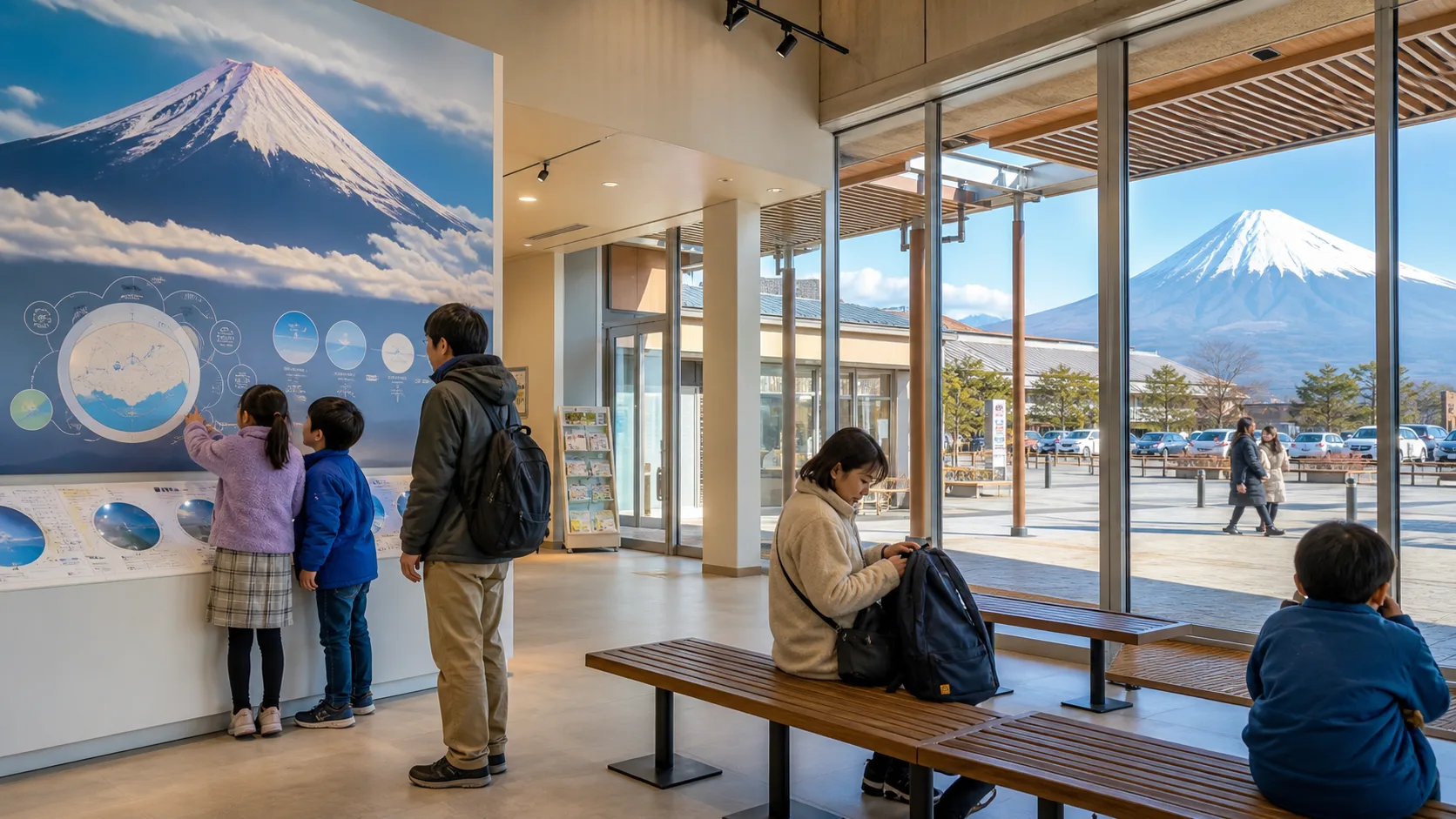 富士山レーダードーム館と休憩ベンチを組み合わせる家族旅の写真調イメージ