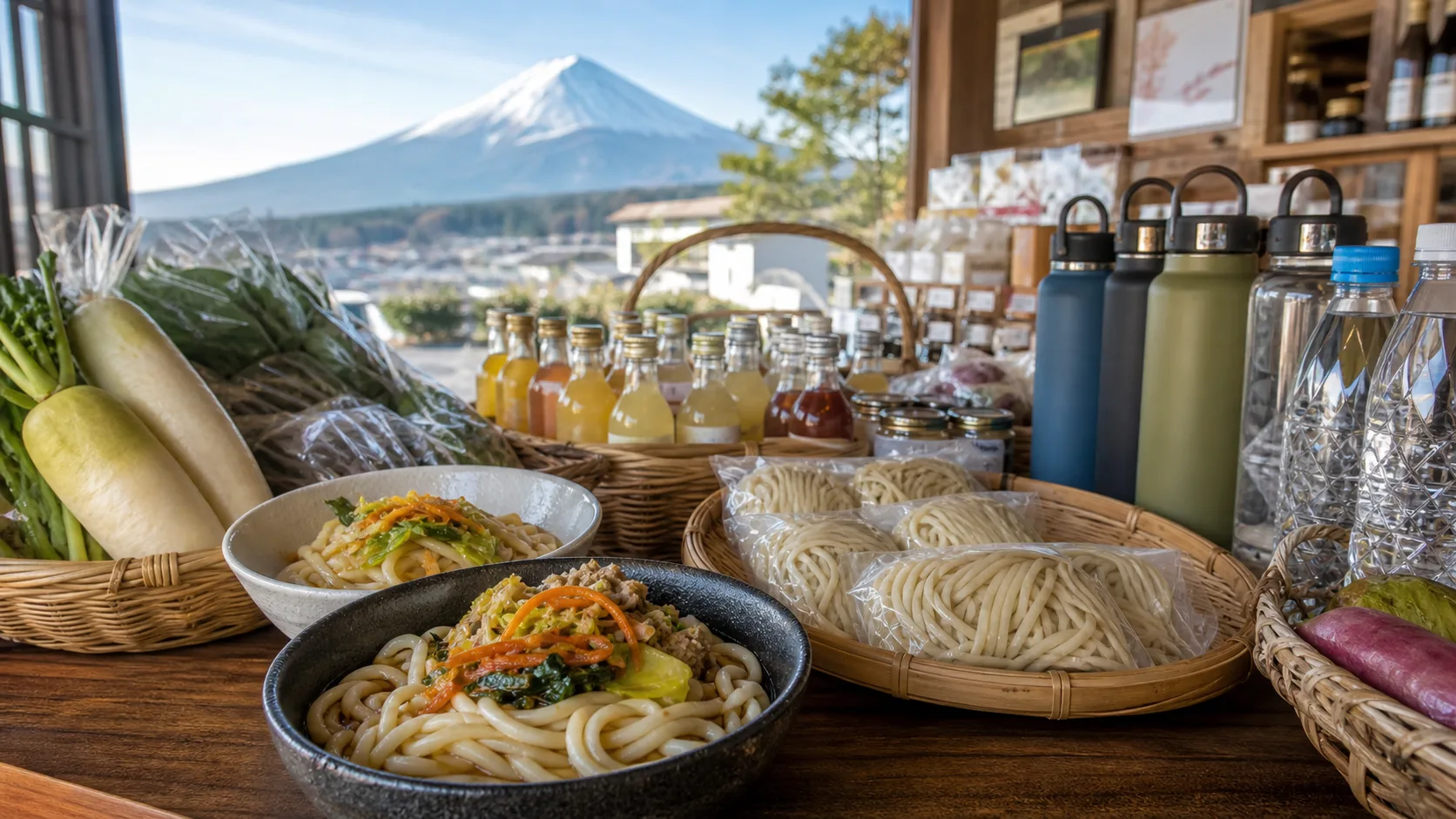 吉田のうどん、地場産品、富士山の水を楽しむ写真調イメージ