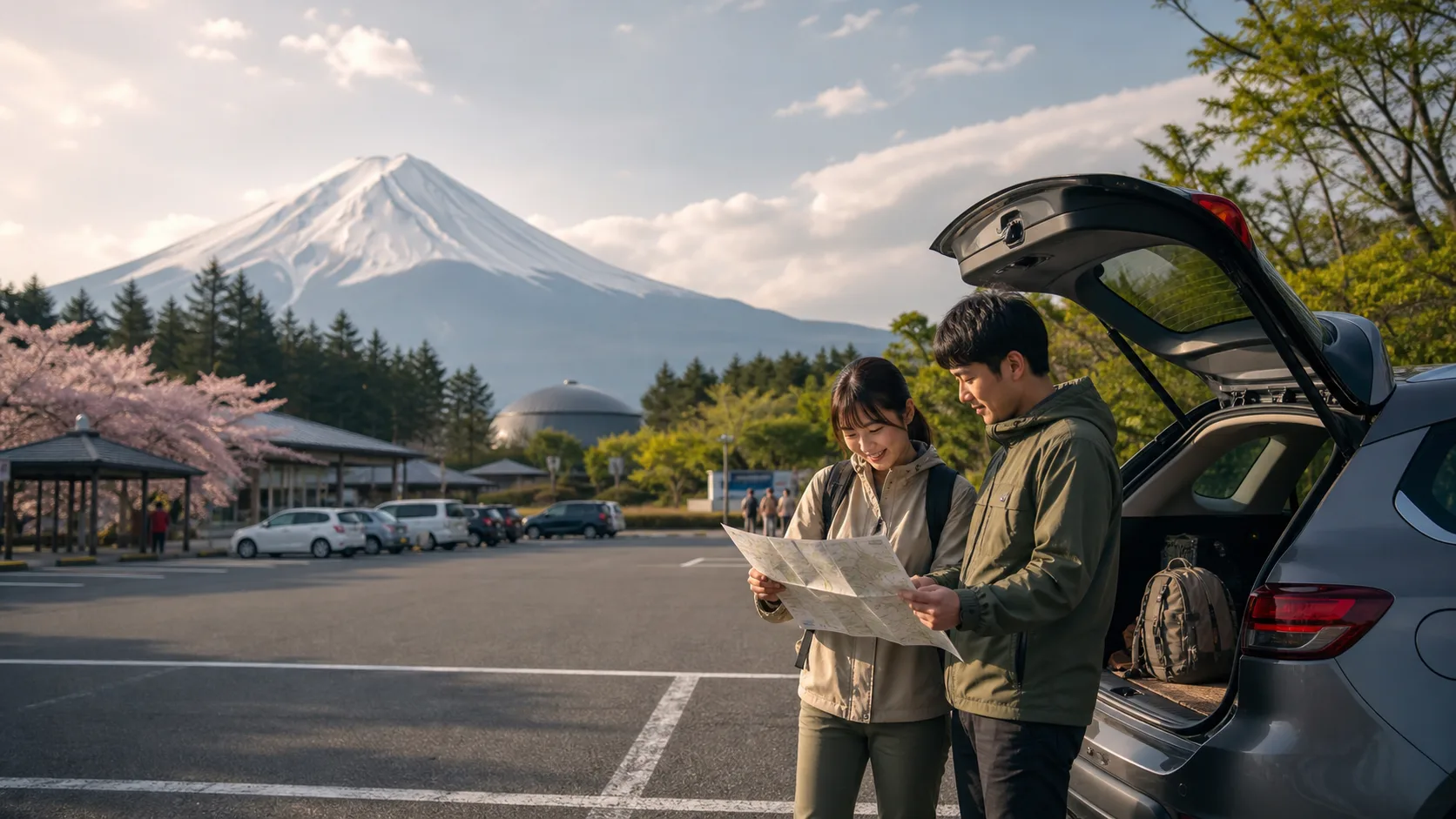 富士山麓の駐車場から周辺観光へ向かう写真調イメージ