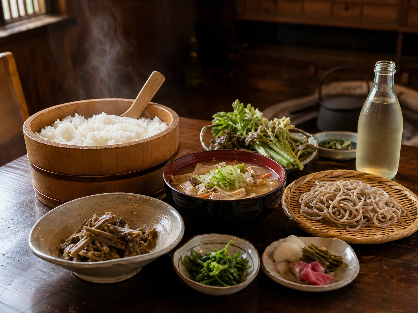 かまどご飯、豚汁、蕎麦、山菜が並ぶ小谷らしい食事のイメージ写真