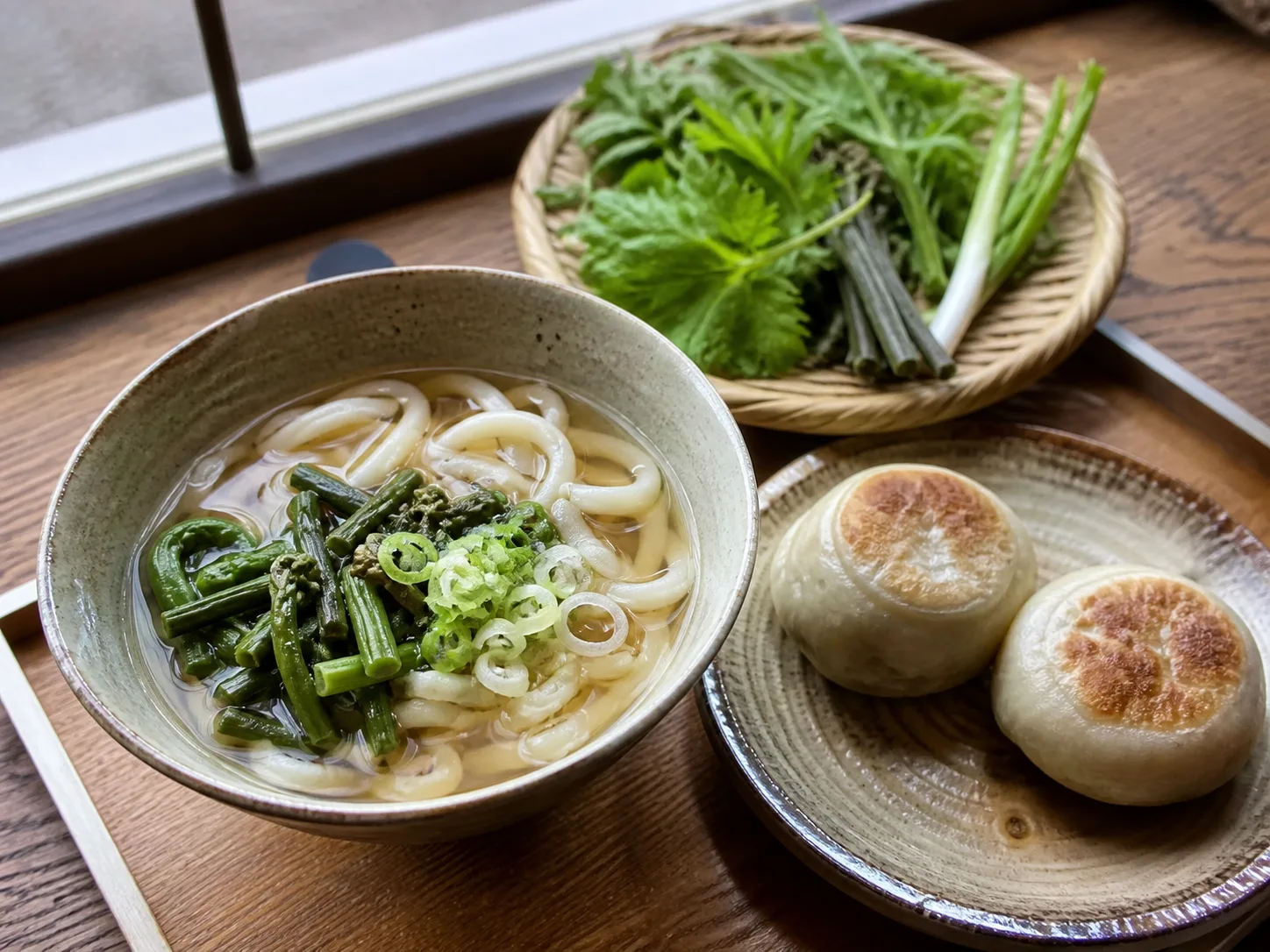 もえぎうどんとおやきを表す写真調イメージ