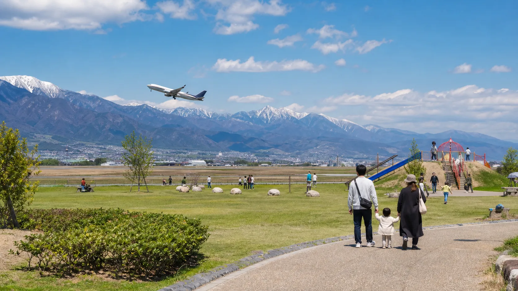 信州スカイパークで飛行機と芝生を楽しむ家族のイメージ